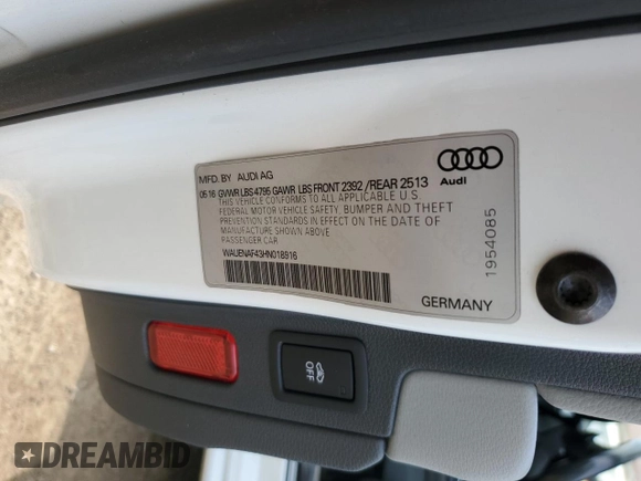2017 Audi A4 Premium Plus with VIN WAUENAF43HN018916, listed as a Copart auction lot 52476025 with 98,159 mi miles and Salvage Title. Bid and sale history available at carsss.com. Image 12.