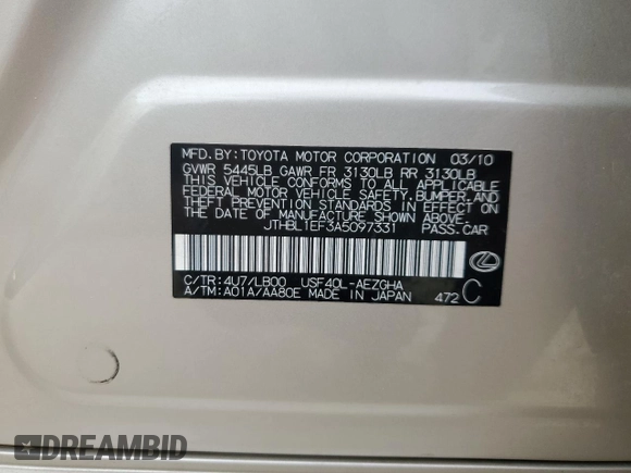 2010 Lexus LS 460 z VIN JTHBL1EF3A5097331, wystawiony jako Copart lot #62844135 z przebiegiem Nie podano mil oraz Szkoda całkowita • Salvage title. Historia ofert i sprzedaży dostępna na DreamBid. Obrazek 12.