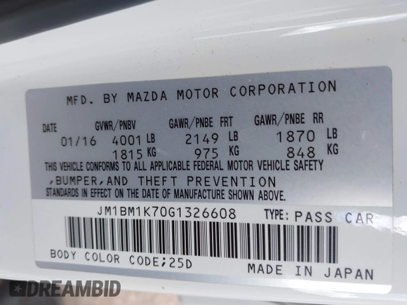2016 Mazda 3 i Sport with VIN JM1BM1K70G1326608, listed as a IAAI auction lot 42064574 with 34,219 mi miles and . Bid and sale history available at DreamBid. Image 9.