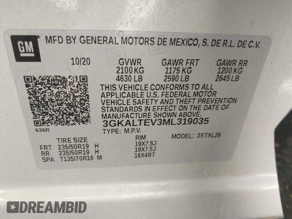 2021 GMC Terrain SLE with VIN 3GKALTEV3ML319035, listed as a IAAI auction lot 42052184 with 95,400 mi miles and . Bid and sale history available at DreamBid. Image 9.