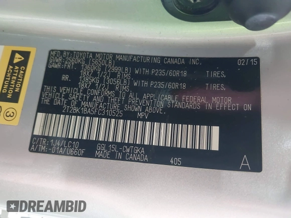 2015 Lexus RX 350 with VIN 2T2BK1BA5FC310525, listed as a IAAI auction lot 42564994 with 169,348 mi miles and . Bid and sale history available at DreamBid. Image 9.