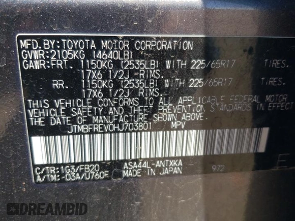 2017 Toyota RAV4 LE z VIN JTMBFREV0HJ703801, wystawiony jako Copart lot #60272025 z przebiegiem 73 370 mil mil oraz Szkoda całkowita • Salvage title. Historia ofert i sprzedaży dostępna na DreamBid. Obrazek 13.