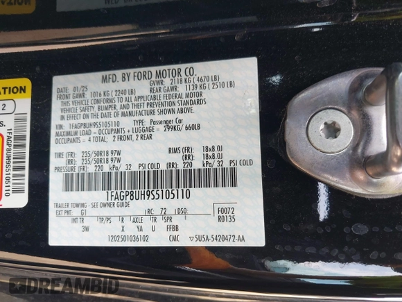2025 Ford Mustang EcoBoost with VIN 1FAGP8UH9S5105110, listed as a IAAI auction lot 41808310 with 3,703 mi miles. Bid and sale history available at carsss.com. Image 9.