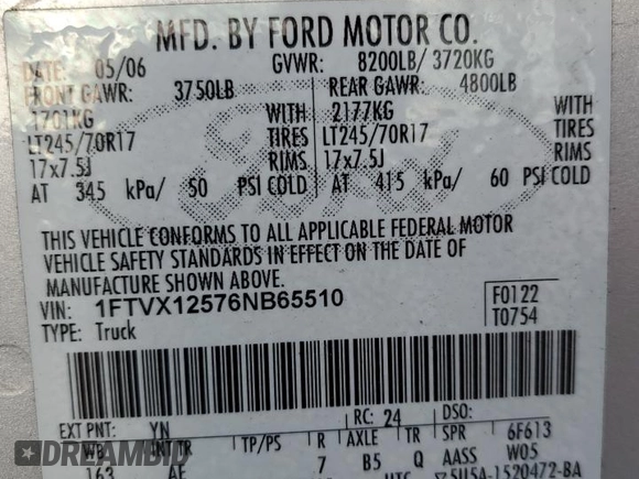 2006 Ford F-150 XL with VIN 1FTVX12576NB65510, listed as a Copart auction lot 41471625 with 86,056 mi miles and Salvage title. Bid and sale history available at DreamBid. Image 12.