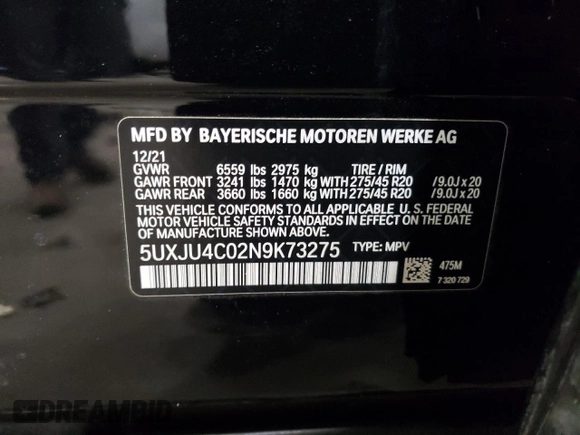 2022 BMW X5 M50i with VIN 5UXJU4C02N9K73275, listed as a Copart auction lot 85264594 with 40,804 mi miles and Salvage Title. Bid and sale history available at carsss.com. Image 14.