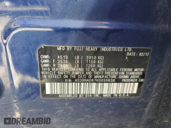 2017 Subaru Legacy Premium with VIN 4S3BNAD67H3050838, listed as a Copart auction lot 61399555 with 160,056 mi miles and Salvage title. Bid and sale history available at DreamBid. Image 12.