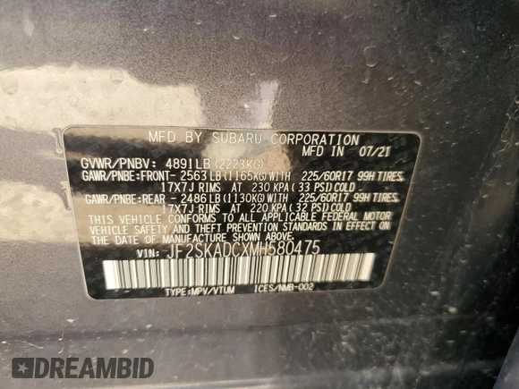 2021 Subaru Forester with VIN JF2SKADCXMH580475, listed as a Copart auction lot 48532185 with 62,166 mi miles and Salvage Title. Bid and sale history available at carsss.com. Image 13.