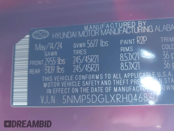 2024 Hyundai Santa Fe Calligraphy z VIN 5NMP5DGLXRH046830, wystawiony jako IAAI lot #41274376 z przebiegiem 229 mil mil oraz . Historia ofert i sprzedaży dostępna na DreamBid. Obrazek 9.