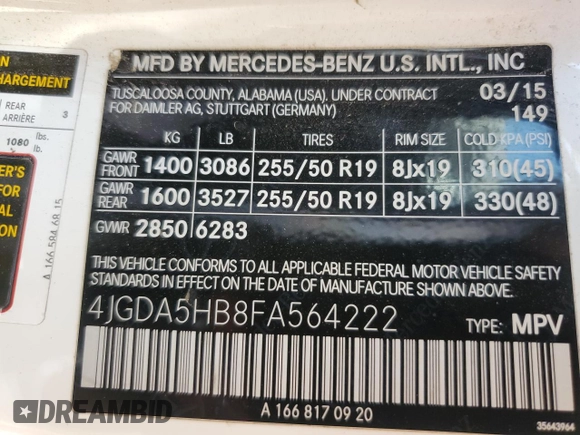 2015 Mercedes-Benz M 350 с VIN 4JGDA5HB8FA564222, выставлен на аукционе Copart как лот 51173625 с пробегом 146 171 миль миль и Списание • Salvage title. История ставок и продаж доступна на DreamBid. Изображение 13.