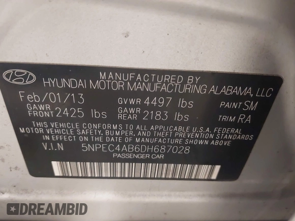 2013 Hyundai Sonata Limited with VIN 5NPEC4AB6DH687028, listed as a IAAI auction lot 41754981 with 140,583 mi miles and . Bid and sale history available at carsss.com. Image 9.
