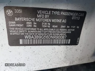 2013 BMW 3 Series 335i xDrive with VIN WBA3B9G56DNR90087, listed as a IAAI auction lot 41674929 with 26,001 mi miles and . Bid and sale history available at DreamBid. Image 9.