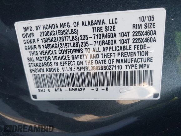 2006 Honda Odyssey Touring с VIN 5FNRL38826B027110, выставлен на аукционе IAAI как лот 42096478 с пробегом 189 615 миль миль и . История ставок и продаж доступна на DreamBid. Изображение 9.