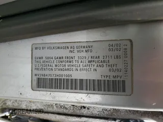 2003 Volkswagen EuroVan MV с VIN WV2NB47073H001005, выставлен на аукционе Copart как лот 87284844 с пробегом 283 979 миль миль и Чистый • Clean title. История ставок и продаж доступна на DreamBid. Изображение 13.