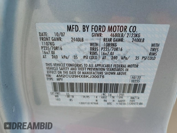 2008 Mercury Mariner with VIN 4M2CU29HX8KJ30075, listed as a Copart auction lot 45191375 with 85,229 mi miles and Clean Title. Bid and sale history available at carsss.com. Image 13.