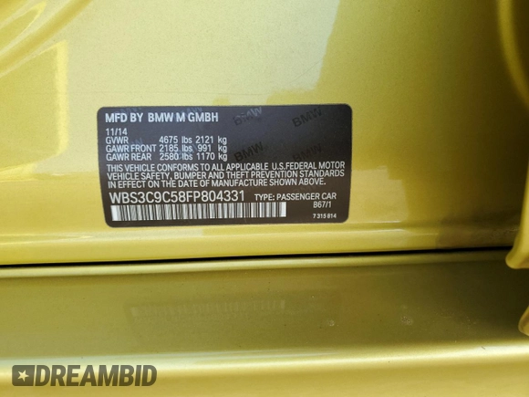 2015 BMW M3 with VIN WBS3C9C58FP804331, listed as a Copart auction lot 62507465 with 97,783 mi miles and Salvage title. Bid and sale history available at DreamBid. Image 12.