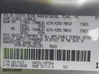 2021 Toyota Tundra 2WD SR with VIN 5TFRY5F12MX281339, listed as a IAAI auction lot 41641177 with 179,009 mi miles. Bid and sale history available at carsss.com. Image 9.