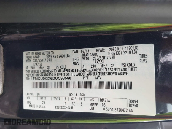 2013 Ford Escape SE with VIN 1FMCU0GX6DUC98598, listed as a IAAI auction lot 42133641 with 174,111 mi miles and . Bid and sale history available at DreamBid. Image 9.