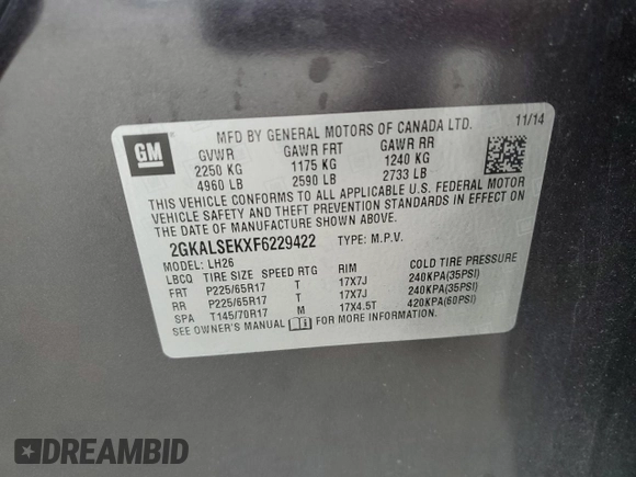 2015 GMC Terrain SLT with VIN 2GKALSEKXF6229422, listed as a Copart auction lot 60921575 with 63,865 mi miles and Salvage title. Bid and sale history available at DreamBid. Image 13.