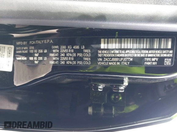 2018 Jeep Renegade Latitude with VIN ZACCJBBB1JPJ07734, listed as a IAAI auction lot 41615042 with 60,675 mi miles and . Bid and sale history available at carsss.com. Image 9.