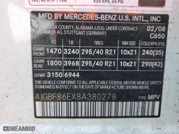 2008 Mercedes-Benz GL-Class 5.5L with VIN 4JGBF86EX8A380278, listed as a Copart auction lot 51531465 with 169,551 mi miles and Salvage Title. Bid and sale history available at carsss.com. Image 13.