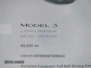2022 Tesla Model 3 Long Range with VIN 5YJ3E1EB9NF206943, listed as a IAAI auction lot 41911040 with 69,920 mi miles and . Bid and sale history available at DreamBid. Image 15.
