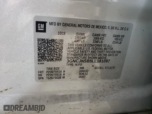 2020 Chevrolet Trax LS with VIN 3GNCJNSB5LL181097, listed as a Copart auction lot 62089465 with 75,319 mi miles and Salvage title. Bid and sale history available at DreamBid. Image 13.