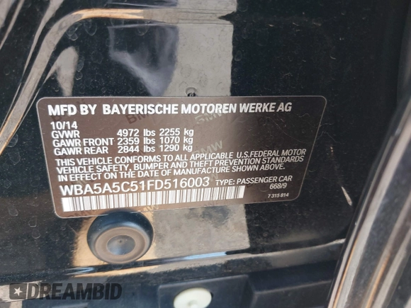 2015 BMW 5 Series 528i with VIN WBA5A5C51FD516003, listed as a IAAI auction lot 42386713 with 105,317 mi miles and . Bid and sale history available at DreamBid. Image 9.