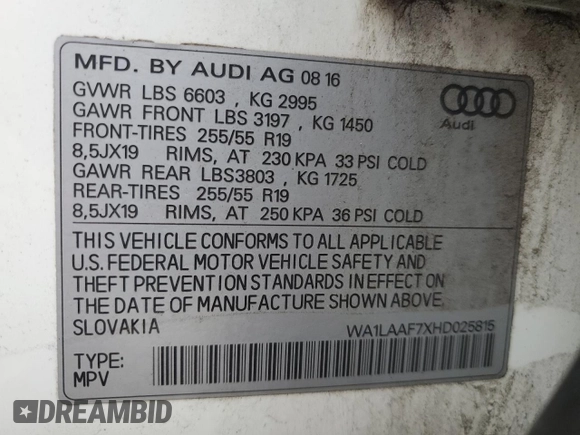 2017 Audi Q7 Premium Plus with VIN WA1LAAF7XHD025815, listed as a Copart auction lot 52517995 with 129,169 mi miles and Clean Title. Bid and sale history available at carsss.com. Image 13.