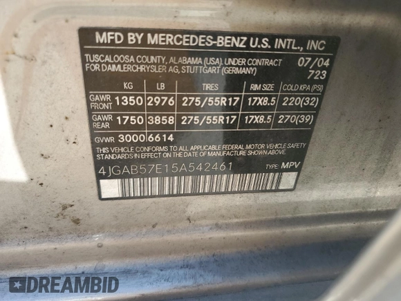 2005 Mercedes-Benz M-Class 3.7L with VIN 4JGAB57E15A542461, listed as a Copart auction lot 72513054 with 173,203 mi miles and Salvage Title. Bid and sale history available at carsss.com. Image 12.