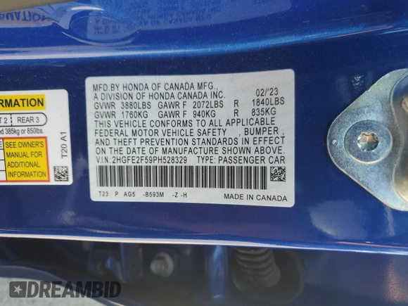 2023 Honda Civic Sport with VIN 2HGFE2F59PH528329, listed as a Copart auction lot 55113525 with 35,713 mi miles and Salvage title. Bid and sale history available at DreamBid. Image 12.