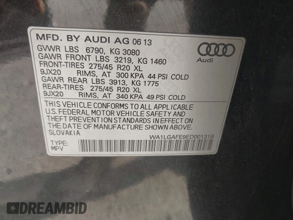 2014 Audi Q7 Premium Plus with VIN WA1LGAFE9ED001319, listed as a IAAI auction lot 41775171 with 144,711 mi miles and . Bid and sale history available at DreamBid. Image 9.