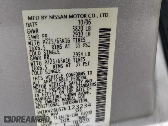 2007 Nissan Quest S with VIN 5N1BV28U57N123234, listed as a Copart auction lot 72026404 with 182,372 mi miles and Salvage Title. Bid and sale history available at carsss.com. Image 13.