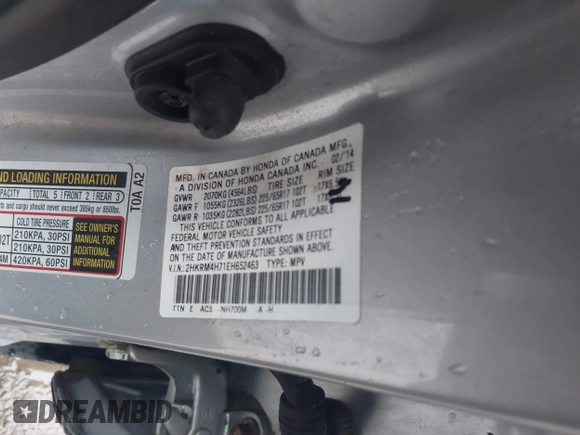2014 Honda CR-V EX-L with VIN 2HKRM4H71EH652463, listed as a IAAI auction lot 42000482 with 168,610 mi miles. Bid and sale history available at carsss.com. Image 9.
