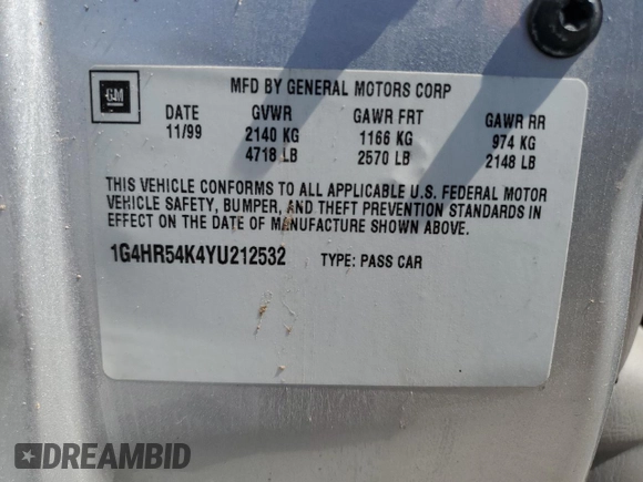 2000 Buick LeSabre Limited с VIN 1G4HR54K4YU212532, выставлен на аукционе Copart как лот 54661975 с пробегом 131 876 миль миль и Списание • Salvage title. История ставок и продаж доступна на DreamBid. Изображение 12.