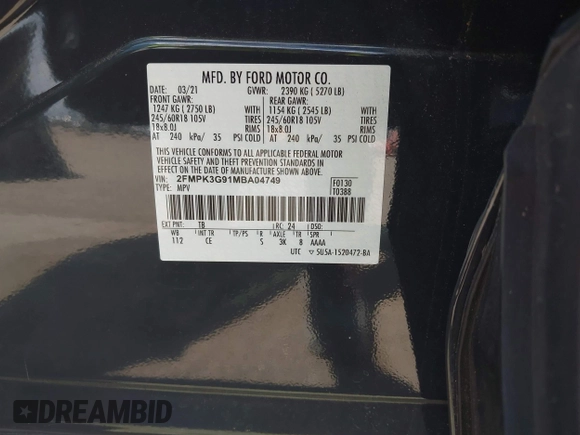 2021 Ford Edge SE with VIN 2FMPK3G91MBA04749, listed as a IAAI auction lot 42663146 with 15,437 mi miles and . Bid and sale history available at DreamBid. Image 9.