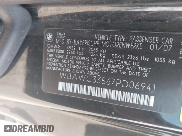 2007 BMW 3 Series 328xi with VIN WBAWC33567PD06941, listed as a IAAI auction lot 42682456 with Not provided miles and . Bid and sale history available at DreamBid. Image 9.