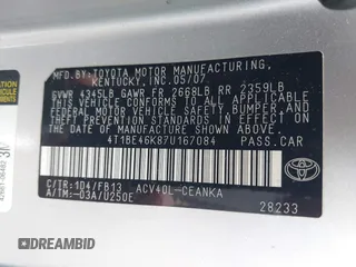 2007 Toyota Camry CE with VIN 4T1BE46K87U167084, listed as a IAAI auction lot 39889113 with 76,998 mi miles and . Bid and sale history available at DreamBid. Image 9.