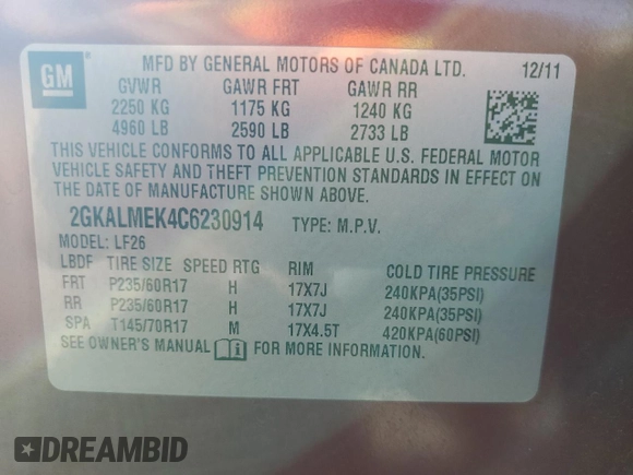 2012 GMC Terrain SLE-1 with VIN 2GKALMEK4C6230914, listed as a Copart auction lot 48888715 with 167,842 mi miles and Salvage Title. Bid and sale history available at carsss.com. Image 12.