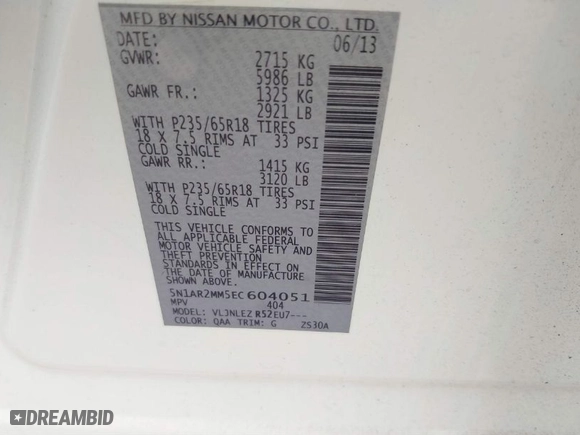 2014 Nissan Pathfinder SV with VIN 5N1AR2MM5EC604051, listed as a IAAI auction lot 41206285 with 122,835 mi miles. Bid and sale history available at carsss.com. Image 9.
