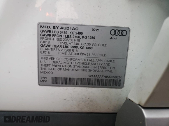 2021 Audi Q5 Premium with VIN WA1AAAFY8M2059824, listed as a Copart auction lot 72962562 with 15,475 mi miles. Bid and sale history available at carsss.com. Image 13.