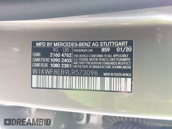2020 Mercedes-Benz C 300 with VIN W1KWF8EB9LR573096, listed as a IAAI auction lot 42585606 with 57,111 mi miles and . Bid and sale history available at DreamBid. Image 9.