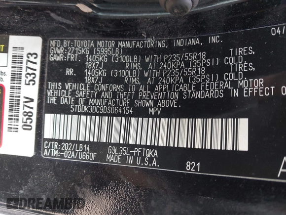 2013 Toyota Sienna XLE with VIN 5TDDK3DC9DS064154, listed as a IAAI auction lot 41898401 with 175,013 mi miles and . Bid and sale history available at DreamBid. Image 9.