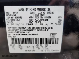 2019 Ford Explorer Limited with VIN 1FM5K8FH6KGB52401, listed as a Copart auction lot 85208344 with 105,006 mi miles and Salvage Title. Bid and sale history available at carsss.com. Image 13.