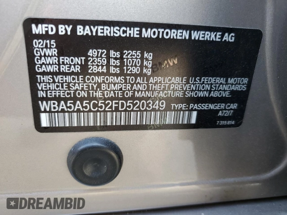 2015 BMW 5 Series 528i z VIN WBA5A5C52FD520349, wystawiony jako Copart lot #45208355 z przebiegiem 99 199 mil mil oraz Szkoda całkowita • Salvage title. Historia ofert i sprzedaży dostępna na DreamBid. Obrazek 13.