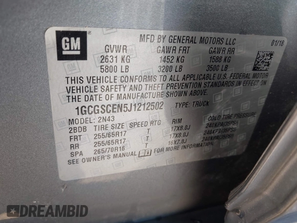 2018 Chevrolet Colorado 2WD LT with VIN 1GCGSCEN5J1212502, listed as a IAAI auction lot 41969242 with 74,523 mi miles and . Bid and sale history available at DreamBid. Image 9.