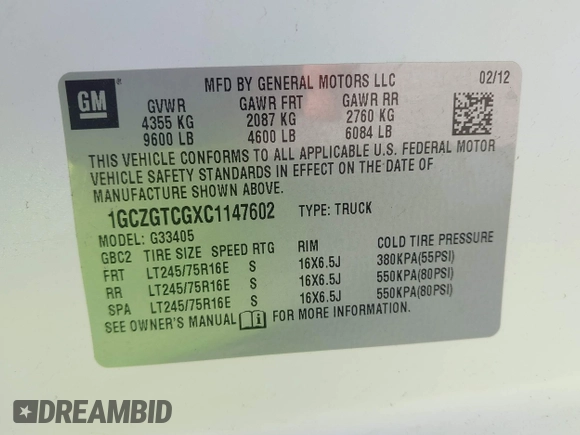 2012 Chevrolet Express Cargo with VIN 1GCZGTCGXC1147602, listed as a IAAI auction lot 42396258 with 286,796 mi miles and . Bid and sale history available at DreamBid. Image 9.