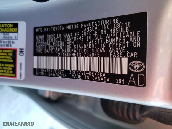 2016 Toyota Corolla L with VIN 2T1BURHE4GC734075, listed as a Copart auction lot 44706175 with 80,006 mi miles and Salvage Title. Bid and sale history available at carsss.com. Image 14.