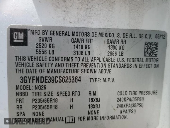 2012 Cadillac SRX Luxury Collection with VIN 3GYFNDE39CS625364, listed as a Copart auction lot 53507605 with 167,182 mi miles and Clean Title. Bid and sale history available at carsss.com. Image 13.