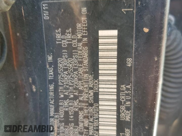 2011 Toyota Tundra 4WD Truck LTD with VIN 5TFBW5F11BX187070, listed as a Copart auction lot 55593624 with 217,697 mi miles and Salvage Title. Bid and sale history available at carsss.com. Image 12.