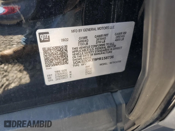 2023 GMC Yukon Denali with VIN 1GKS2DKT9PR158736, listed as a Copart auction lot 69765034 with 22,042 mi miles and Salvage Title. Bid and sale history available at carsss.com. Image 14.